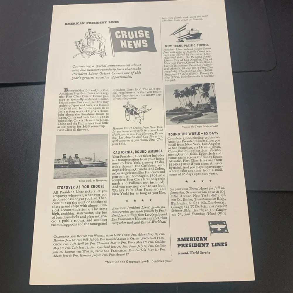 Vintage 1940 American President Lines Cruise News Orient Cruise Ad Advertisement
